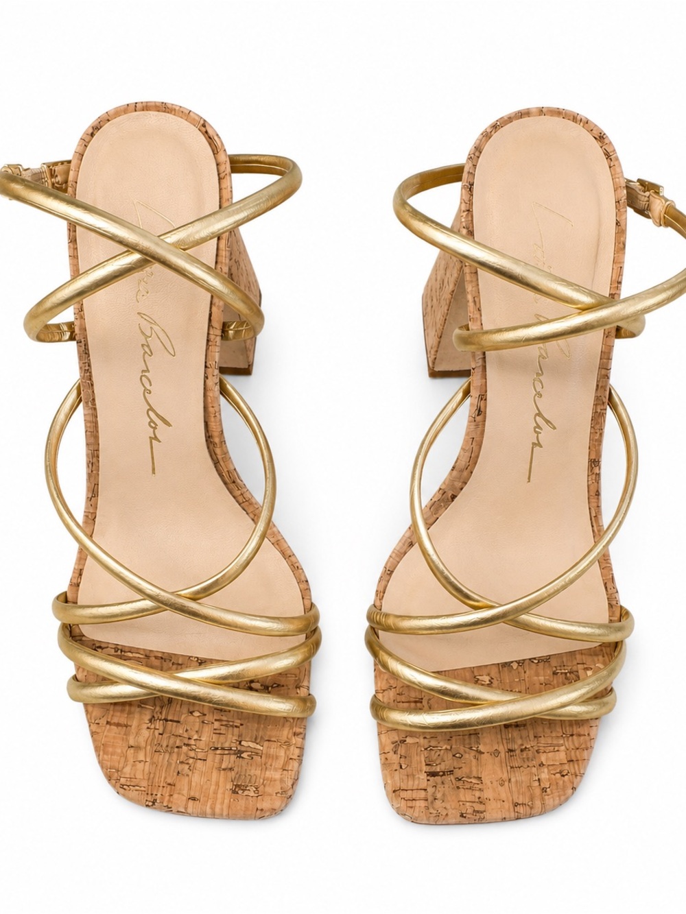Luiza Barcelos Gold Metallic Strappy Cork Block Heel Sandals US 9